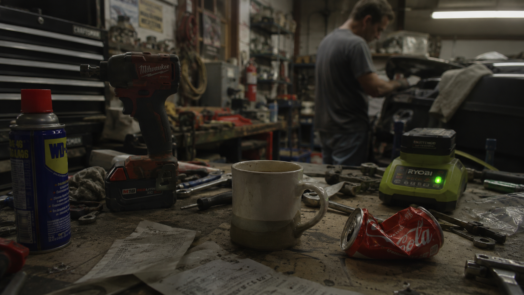 A worn workbench mid-job, tools and a coffee mug among the day's work.